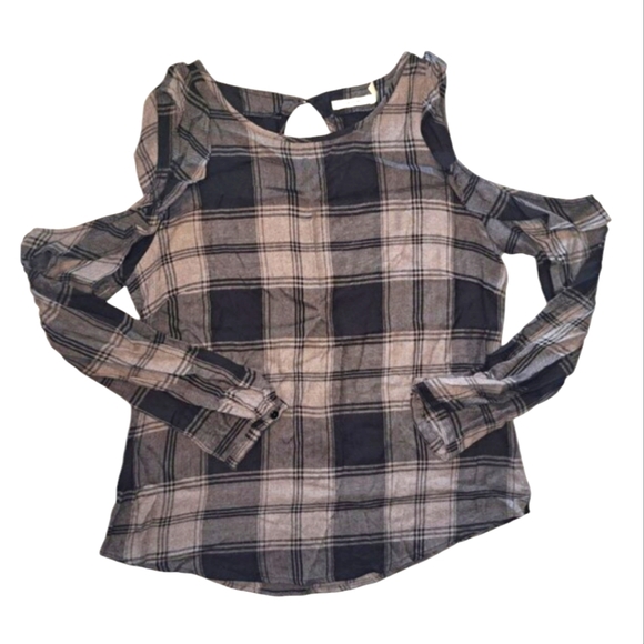 Maurices Black Gray Plaid Cold Shoulder Fall Autumn Top Size Small - Picture 2 of 8